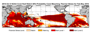 October 2015-January 2016: NOAA's standard 4-month bleaching outlook shows a threat of bleaching continuing in the Caribbean, Hawaii and Kiribati, and potentially expanding into the Republic of the Marshall Islands. (Credit: NOAA